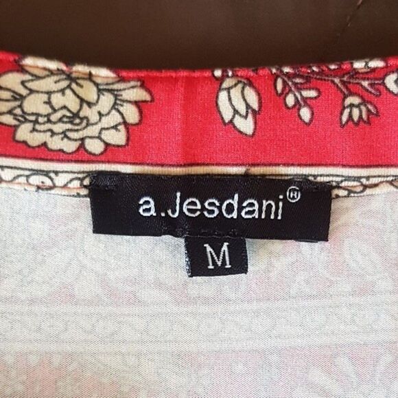 A. Jesdani Womens Blouse Top Paisley Red Size Medium Button Rolled Tab Sleeves - Picture 8 of 13